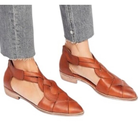 FREE PEOPLE Wanderlust Braided T-strap Flat In Brown Leather size 38 - Picture 1 of 8